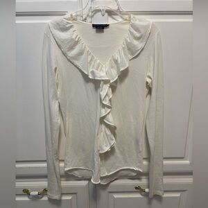 Ralph Lauren Blue Label Long Sleeve Ruffled Ivory Cotton Blouse Small